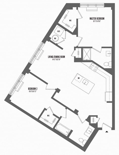 Floor plan for 2 beds, 1.5 baths, 1098 sqft